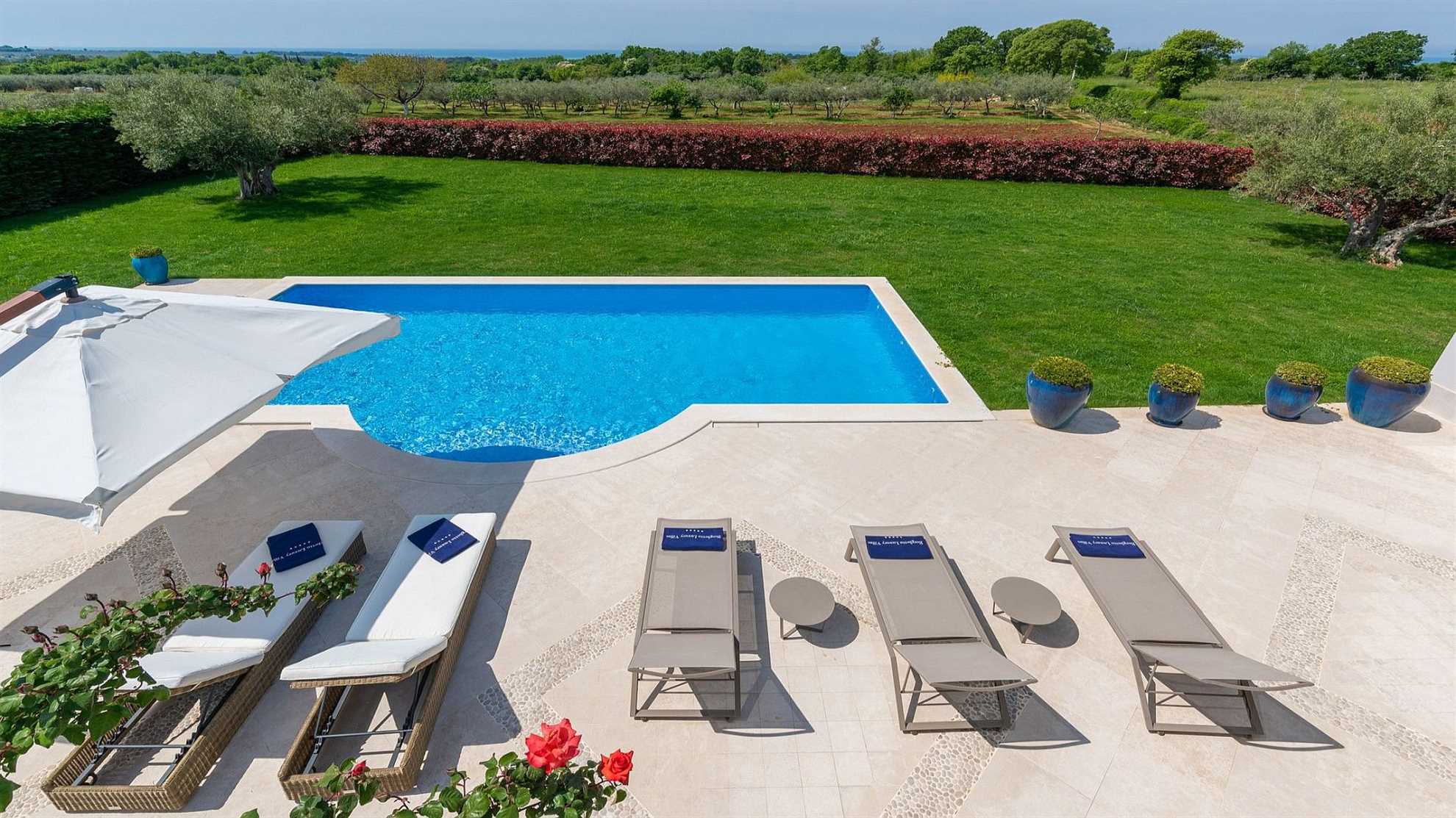 A modern villa in Vabriga with a pool and a graden